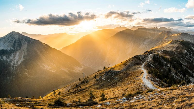 mountains, sunrise, path, sunlight, 4k