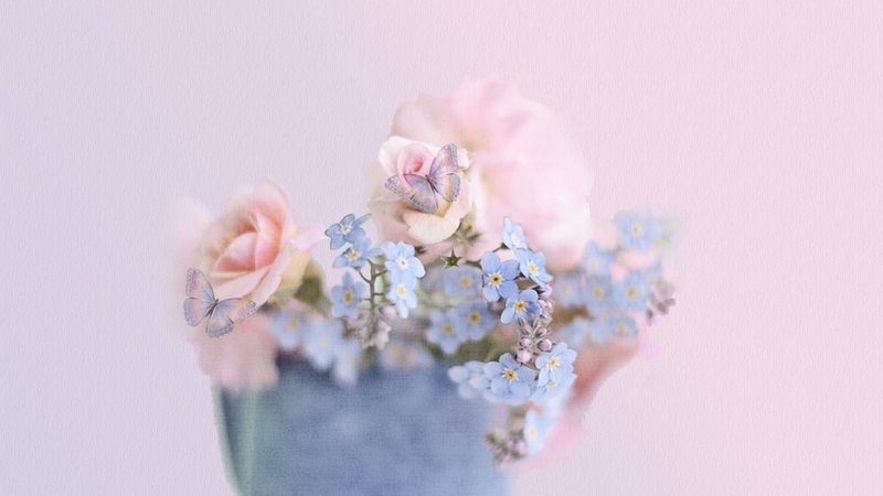 pretty, lovely, delicate world, pitcher, beautiful, soft, butterflies, roses, delicate, floral, bokeh, purple, flowers, pink, gorgeous, blue