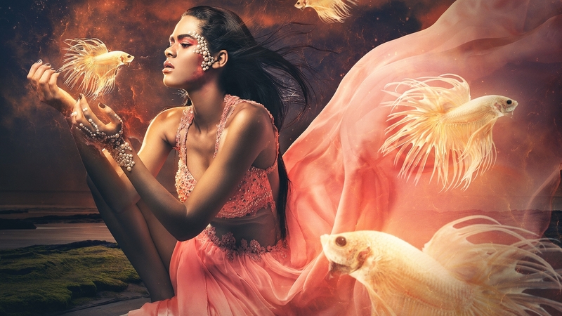 fantasy, dress, golden fish, luminos, girl, orange, summer, woman