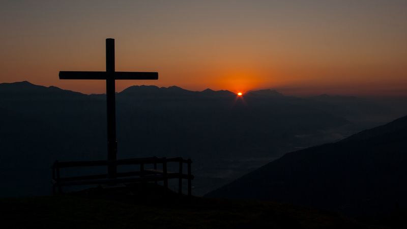 cross, mountains, dawn, religion, faith, 4k