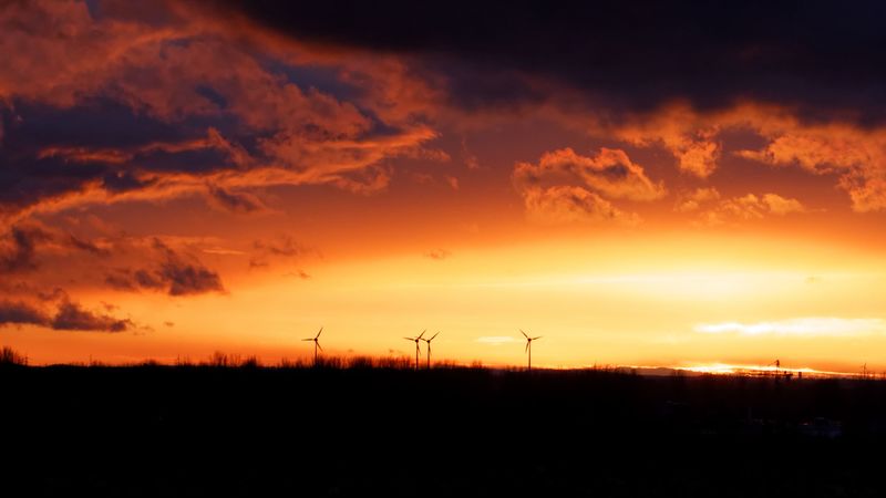 wind turbines, sunset, horizon, clouds, 4k