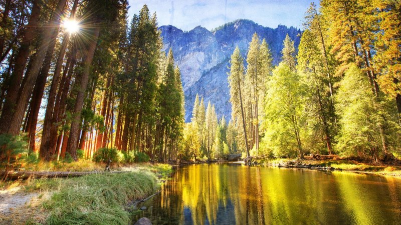 forest, mountains, sun rays, river, hdr, valley