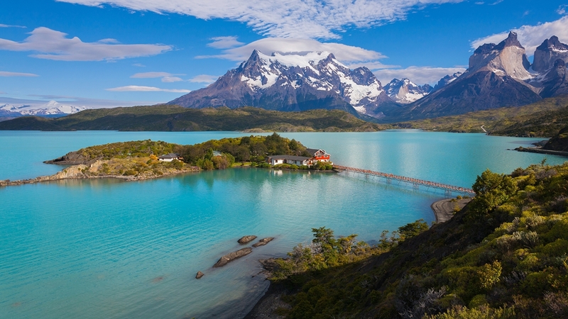 mountains, landscape, bridge, chile, lake, island