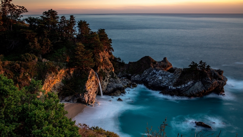 ocean, waterfall, waves, bay, sky, trees, sea, rocks, shore, sand