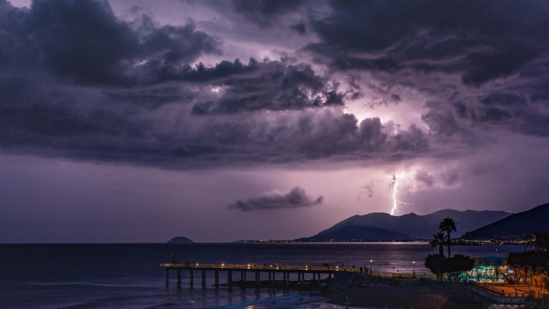 clouds, lightning, storm, pier, purple