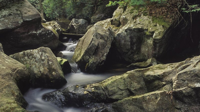 mountain, stream, rocks, trees