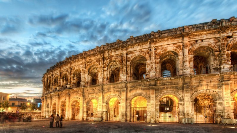 architecture, colorful, monuments, amphitheatre, beautiful, sky, clouds, lights, france, nimes