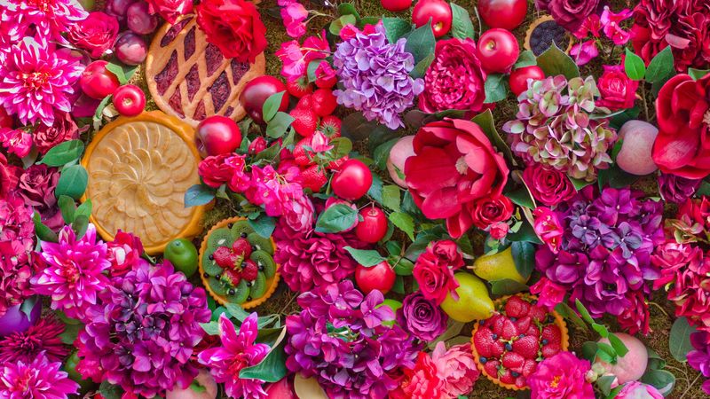 flowers, fruits, summer, still life, cakes, 4k