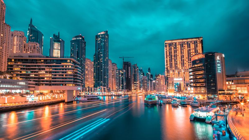 night city, skyscrapers, port, city lights, 4k