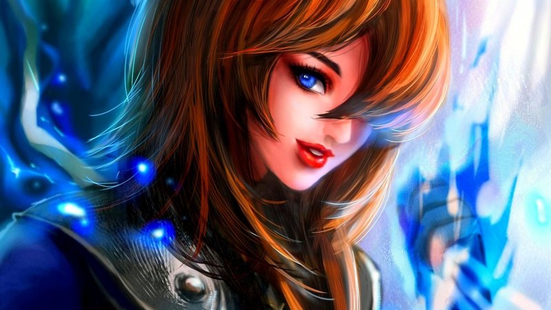 armor, hair, art, girl, rikamello, bangs, grin, a knife