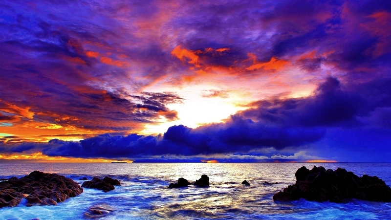 rocks, purple, nature, sunset, clouds, coast, sea