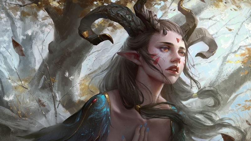 forest, art, luminos, horns, demon, fantasy, girl, fairy, creature