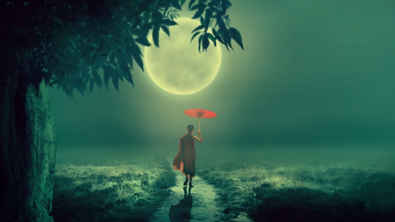 darkmoon1968, parasol, red, luna, luminos, umbrella, monk, boy, buddhism, moon, fantasy, moonlight, night