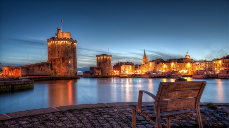 city, port, bench, dusk, hdr, fort, lights
