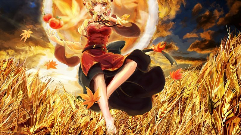 art, tomato, aki minoriko, autumn, harvest, wheat, tomatoes, poyan noken, leaves, girl, sex, touhou, ears of corn