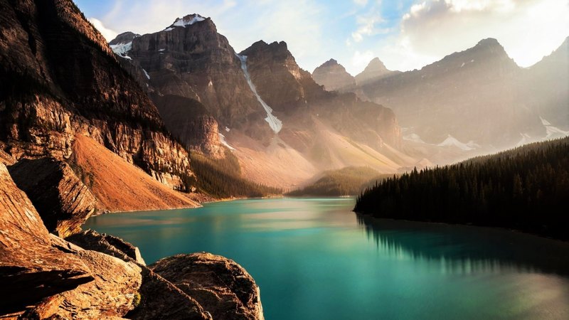 mountain, sunrays, water, splendor, nature, lake, fog, landscape
