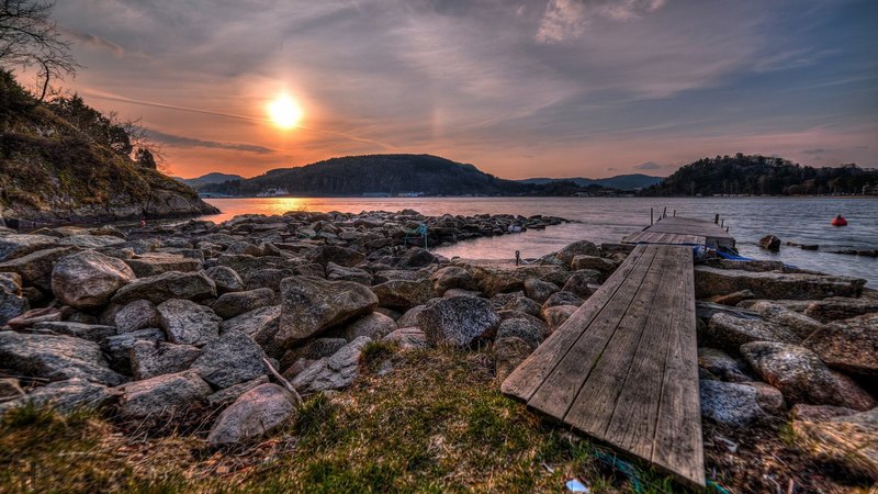 hills, rocks, house, houses, pier, sunset, lake, water, dock, mountains, village, reflection, wooden, landscape