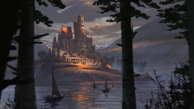 castle, art, fantasy, water, boat, luminos, light