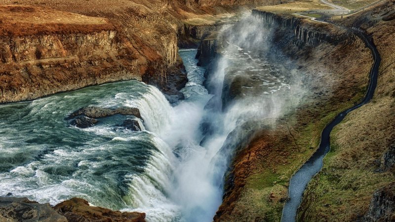 path, waterfall, gorge, sparay