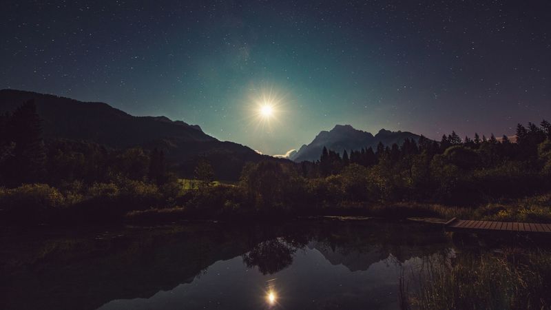 starry sky, lake, mountains, trees, 4k
