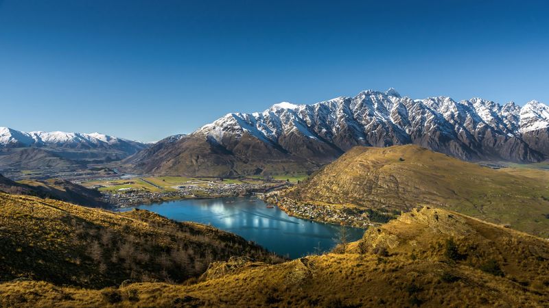 lake, mountains, foothills, ridge, queenstown, new zealand, 4k