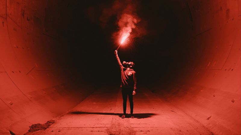 tunnel, man, gas mask, light, fire, red, 4k