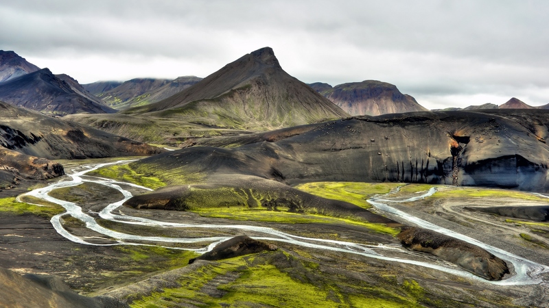 stream, mountains, nature, alluvial, clouds, overcast
