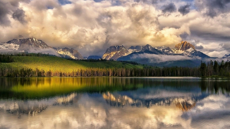 mountain, forest, green, nature, sunset, trees, clouds, lake