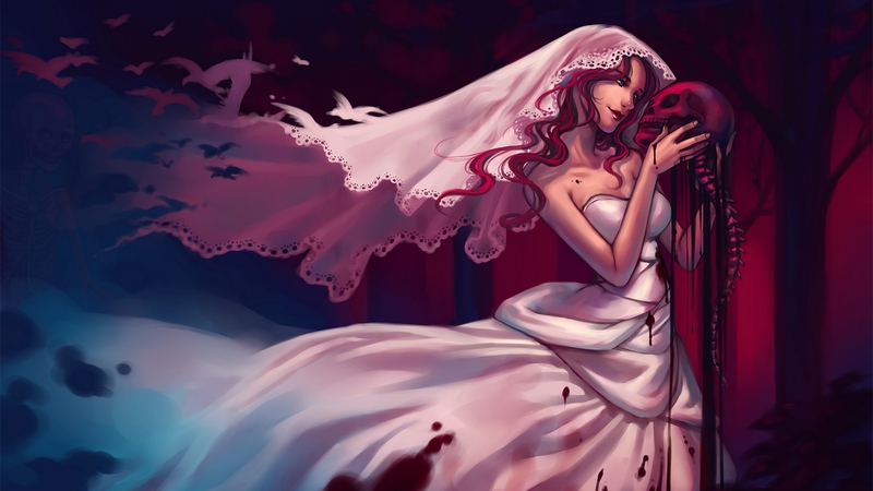 pretty, art, dress, beautiful, wedding, woman, blood, creepy, girl, gross, dark, drawing, painting, skull