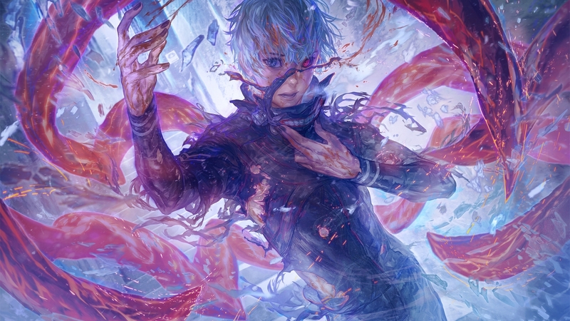 art, luminos, guy, manga, man, kaneki ken, fantasy, tokyo ghoul, anime, melissa hui wang, pink, blue