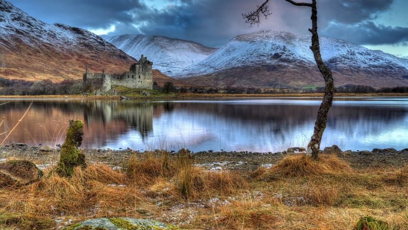 cstle, scotland, clouds, lake