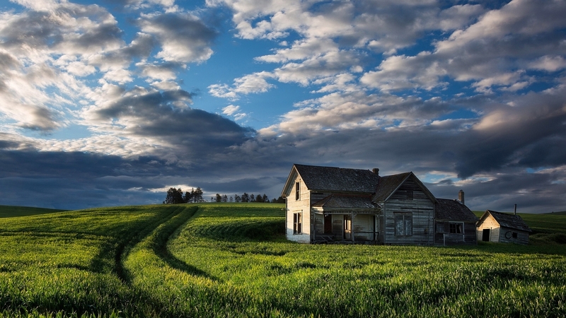 farm, green, fields, clouds, sky, abandoned
