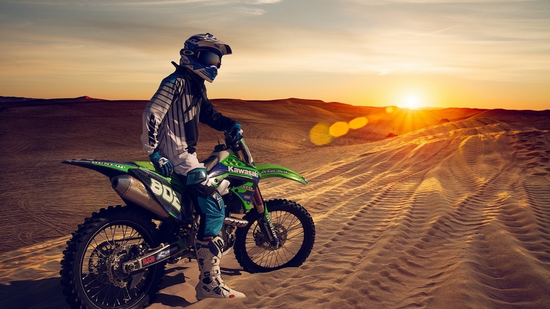dirt, sunset, bike, kawasaki
