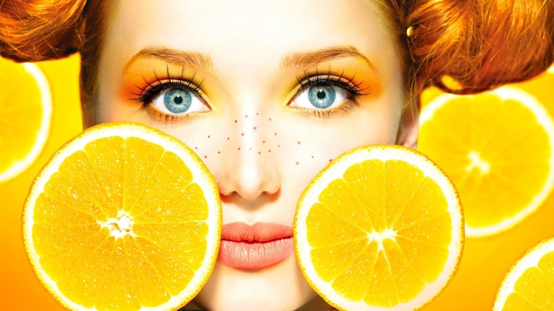 model, orange, freckles, woman, lemon, fruit, girl, face, eyes, blue