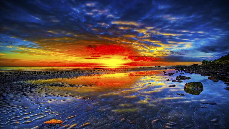 colorful, beach, rocks, reflection, clouds, sky, ray, sea