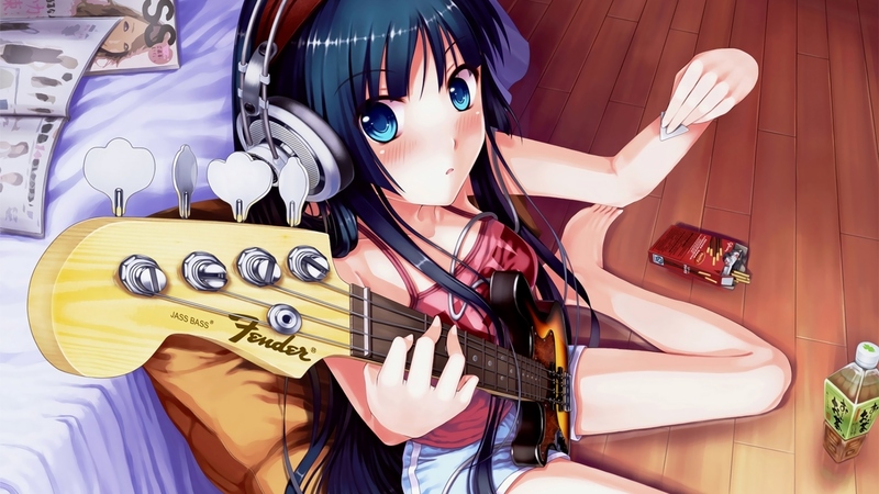 pretty, akiyama mio, headphones, bed, instrument, fender, long hair, blue eyes, blue shorts, black hair, k on, female, juice, pocky, cute, guitar, girl, pink shirt