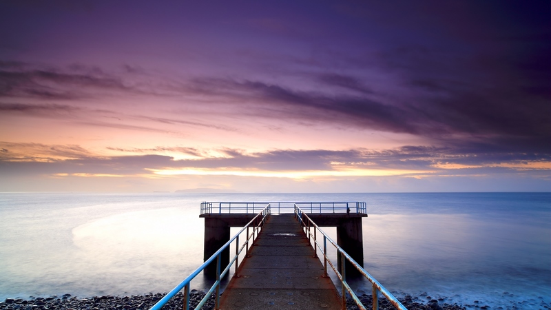 dawn, colourful, pier, sky, clouds, beach, water, purple, sunrise, pink