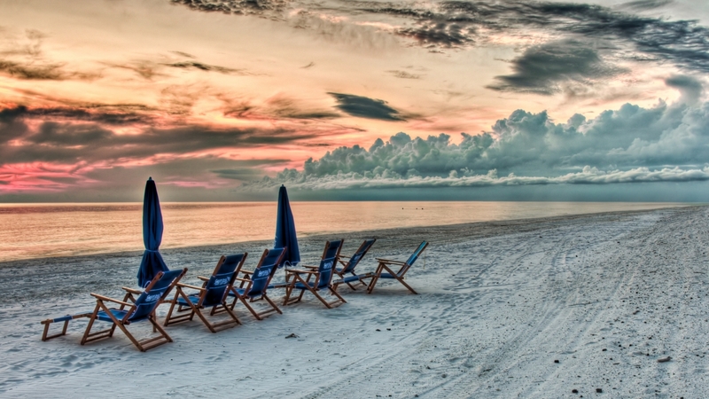 umbrellas, beach, sunset, clouds, lounges