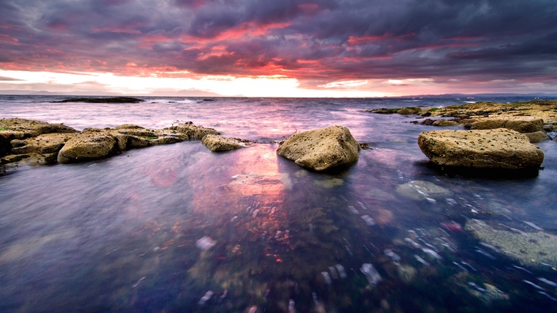 rocks, colorful, ocean, colors, sunset, waves, sky, clouds, sea, nature, reflection