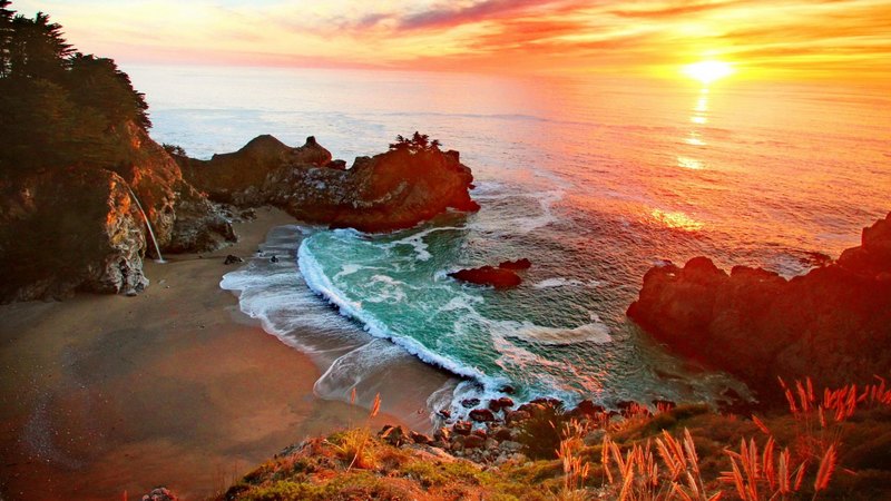 rocks, shore, view, fiery, sunset, sky, clouds, sea, waterfall, flowers, reflection, mcway