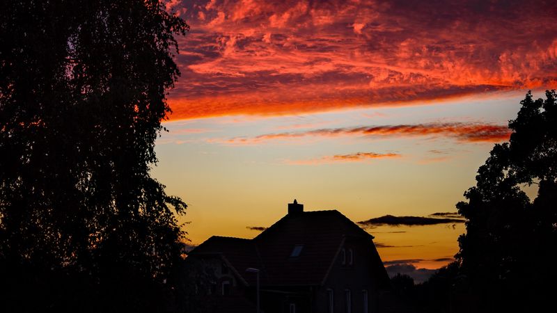 sunset, house, trees, sky, 4k