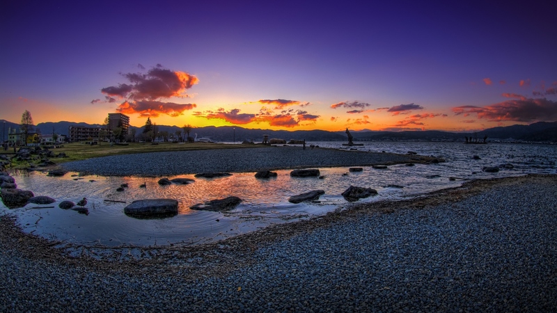 rocks, lovely, buildings, houses, beautiful, sunset, trees, sky, clouds, lake, beach, stones, peaceful, nature