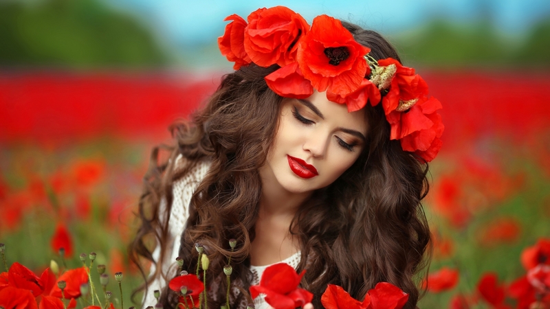 wreath, girl, poppies, field