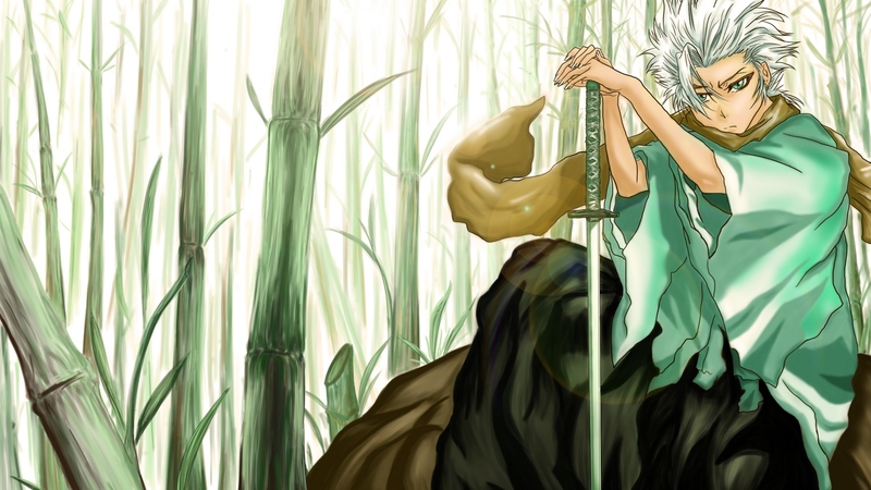 bleach, zanpakuto, toshiro, white hair, green eyes, bamboo, short hair, toushiro, anime, zanpakutou, toushirou hitsugaya, scarf, weapon, toushirou, sword, hitsugaya toushirou