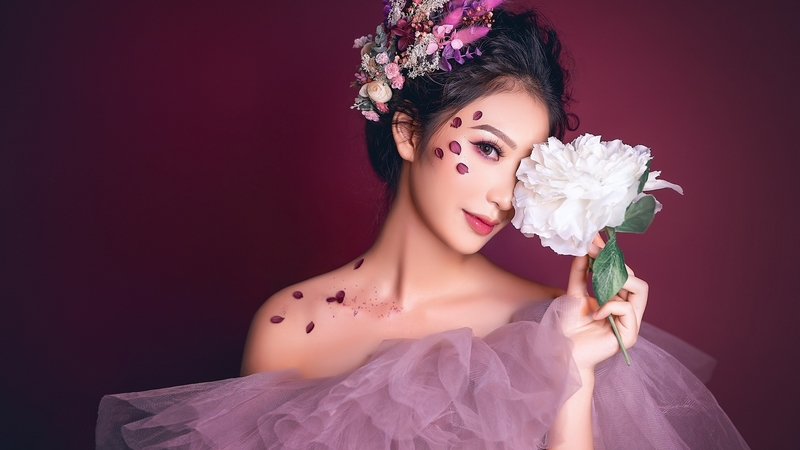 peony, model, girl, flower, asian, pink, white, woman