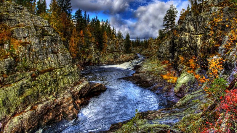 hdr, landscape, rock, tuddal river, norway, nature