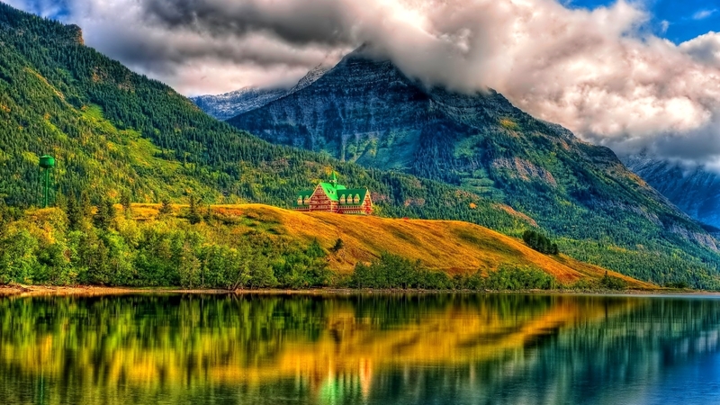fall, autumn, house, beautiful, clouds, mountain, season, river, reflection, tranquility, hills, forest, colors, sky, trees, serenity, lakeshore