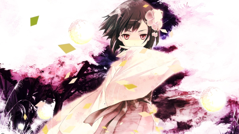 short hair, brown hair, kitto sumiwataru asairo yori mo, flowers, kimono, red eyes