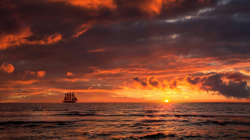 sunset, sun, clouds, sea