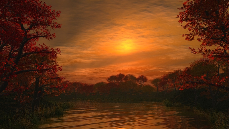 sunset, river, water, magic